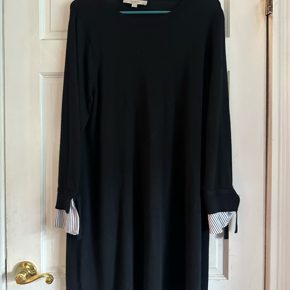 LOFT Black Long Sleeve Sweater Dress with Striped Cuffs